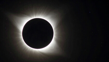 Fototapeta premium Cosmic scene of total solar eclipse, dark silhouette of the moon, stars faintly on background