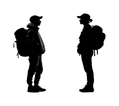 Traveling adventurers outdoors silhouette dynamic landscape PNG, isolated on transparent background