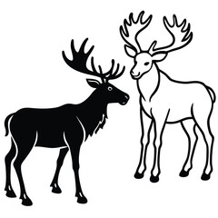 Fototapeta premium Collection of stylized deer and moose illustrations in various poses and natural settings