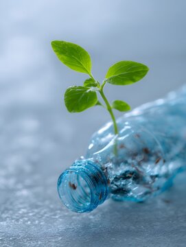 Hope and Renewal: A young plant bursts forth from a discarded plastic bottle, a visual metaphor for environmental awareness, recycling, sustainability, and the potential for renewal.