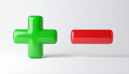 Obraz premium Minimalistic 3D icons, glossy green plus and red minus isolated on white background, clean aesthetic