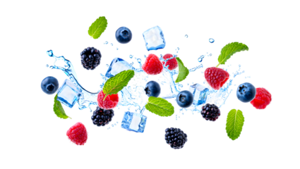 Fresh mixed berries and mint leaves splashing in water with ice cubes isolated on transparent background
