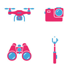 A set of four stylized icons representing modern gadgets for photography and observation, including a drone, camera, binoculars, and selfie stick.