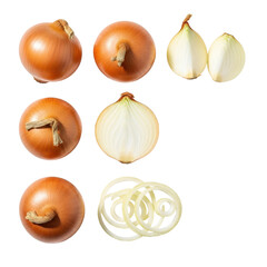 Fototapeta premium Fresh yellow onions, whole, half, peeled, and sliced, meticulously arranged in a clean studio flat lay on a bright white background with soft diffused light, concept of culinary versatility