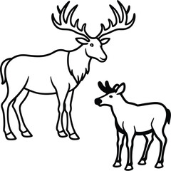 Collection of stylized deer and moose illustrations in various poses and natural settings