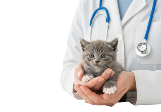 A fluffy grey kitten with light blue eyes nestled in compassionate hands of a person in a white lab coat with blue stethoscope, on a transparent studio background; concept of veterinary care and