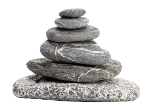 Smooth gray pebbles stacked in a pyramid shape cut out