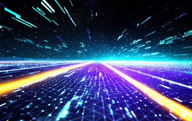 Futuristic digital landscape with glowing lines and network patterns