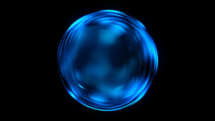 Abstract blue gradient 3d sphere background. Futuristic glass sphere with light reflections and bokeh. Crystall ball and energy orb. Information technology concept,  data science, AI.