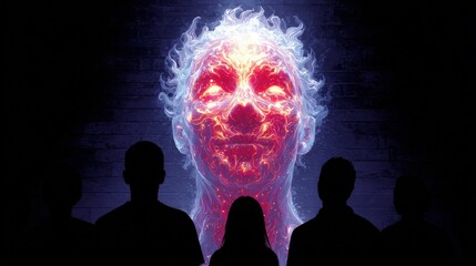 Mystical Aura: A haunting spectral form emanates from a figure at the center, evoking a sense of intrigue and otherworldly energy. Silhouetted figures observe the illuminated entity.
