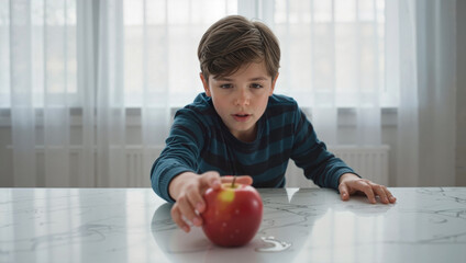 Fototapeta premium Boy looking at apple on table indoors