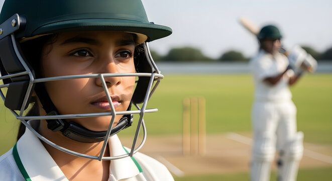Close-up of a young female cricket player with a helmet - Powered by Adobe