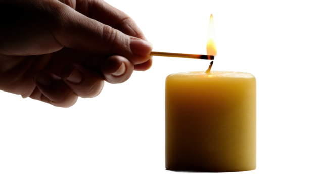 Lighting a candle with a match minimalist setup PNG, isolated on transparent background