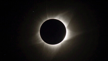 Naklejka premium Cosmic scene of total solar eclipse, dark silhouette of the moon, stars faintly on background