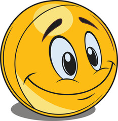 Smiling yellow emoji cartoon face with big eyes and happy expression, cheerful emoticon illustration for sticker, mascot, digital design, chat icon, and fun communication artwork.