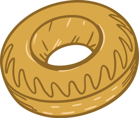 Cartoon donut illustration with round shape and textured surface design. Sweet bakery dessert artwork symbolizing snack, pastry, food, breakfast, and confectionery in vector style.
