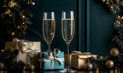 glasses of champagne and christmas tree