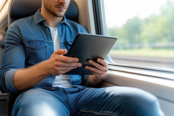 Man in denim shirt and jeans sits by a train window, reading on a tablet during his commute, relaxed and connected while traveling on public transport with mobile internet