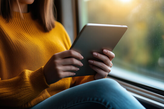 Woman in yellow sweater sits by train window holding a tablet, reading and browsing during commute, relaxed, connected, enjoying daylight travel and digital leisure on the go