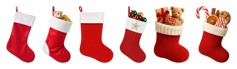Red Christmas stocking set including empty, toy, gift, ornament, and treat-filled styles isolated. Holiday season decoration.