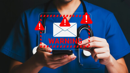 Medical Professional Holding Smartphone Displaying Email Warning Alert with Exclamation Marks doctor