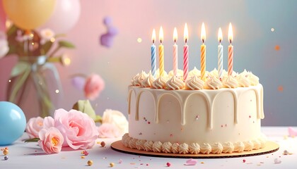 A delightful birthday cake with colorful candles, presented amidst a pastel-hued celebration backdrop of flowers and balloons.