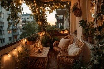 Fototapeta premium Balcony decorated with string lights, rattan furniture, and plants creating a cozy urban oasis