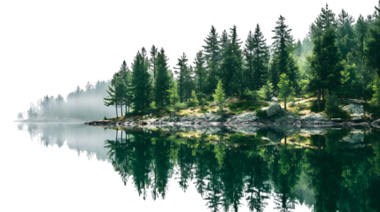 Forest lake reflection isolated on white background