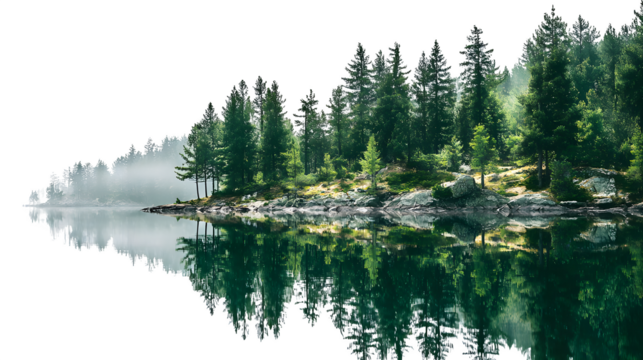 Forest lake reflection isolated on white background - Powered by Adobe