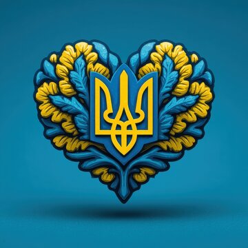 Ornate Ukrainian Tryzub Heart: Folk Art Inspired National Emblem in Blue and Yellow