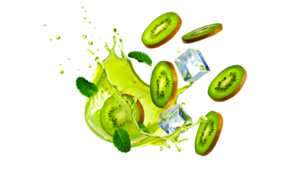 Fresh kiwi slices and mint leaves splashing in vibrant green juice with ice cubes isolated on transparent background