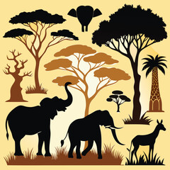 Fototapeta premium African safari silhouette collection featuring majestic elephant and giraffe in a natural landscape