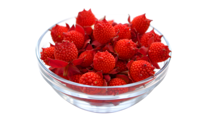 A clear glass bowl filled with ripe red wild strawberries isolated on transparent background