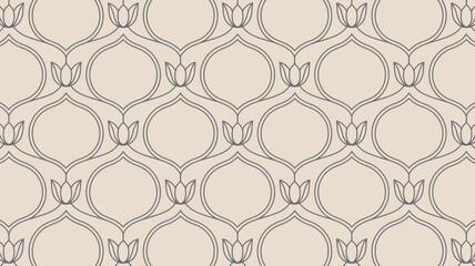 Repeating pattern of stylized lotus flowers and curved lines on a light beige background surface design