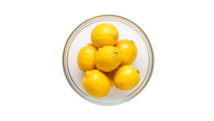 A pyramid of bright yellow lemons neatly arranged in a white oval dish isolated on transparent background