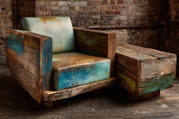 Reclaimed wood chaise lounge featuring a unique distressed finish and industrial design
