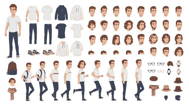 Male character creator kit with clothes, hairstyles, faces, poses, and accessories for animation, avatar design, and custom illustration