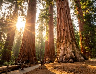 Giant sequoia trees bathed in golden sunlight
