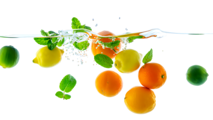 Fresh citrus fruits and mint leaves splashing into water creating dynamic motion isolated on transparent background