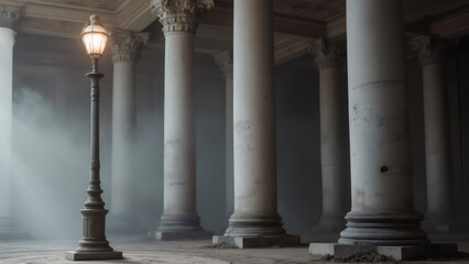 Illuminated Gas Lamp in an Empty Colonnade at Night, Mysterious Atmosphere