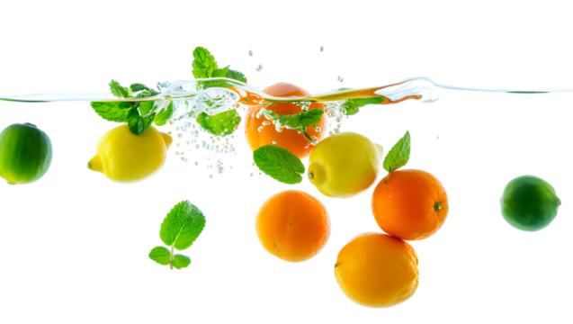 Fresh citrus fruits and mint leaves splashing into water creating dynamic motion isolated on transparent background