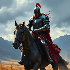 Knight wearing armor riding horse in dramatic landscape, showcasing medieval warfare and equestrianism