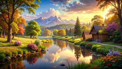Fototapeta premium A picturesque landscape showcases a serene river reflecting a vibrant sunrise over a mountain range, with colorful trees and flowers lining the banks, and charming wooden houses nestled along the...