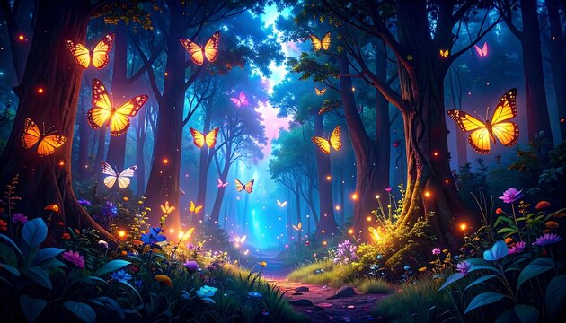 A whimsical digital artwork showcasing a luminous forest scene bathed in ethereal light, with colorful butterflies