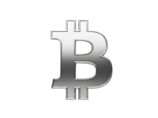 A Silver 3D Bitcoin Symbol Representing Cryptocurrency and Digital Finance on White Background