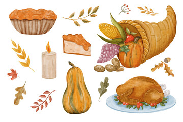 Hand drawn Watercolor Thanksgiving harvest clipart collection with roasted turkey, cornucopia full of fruits and vegetables, pumpkin pie, pie slice, squash, candle, autumn leaves and seasonal plants.