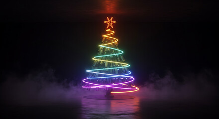 A glowing neon christmas tree with rainbow lights stands in a dark, misty environment