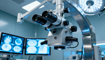 Close-Up of Surgical Microscope with Multiple Lenses in Operating Room
