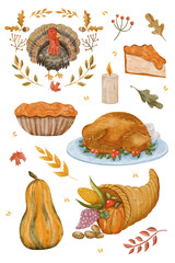 Hand painted Watercolor Thanksgiving clipart set with roasted turkey, pumpkin pie, whole pie, cornucopia with harvest fruits, squash, candle, autumn leaves, berries, oak branches and festive elements.