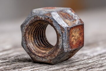 Rusty metal hexagon nut rests on a weathered wooden surface, displaying corrosion